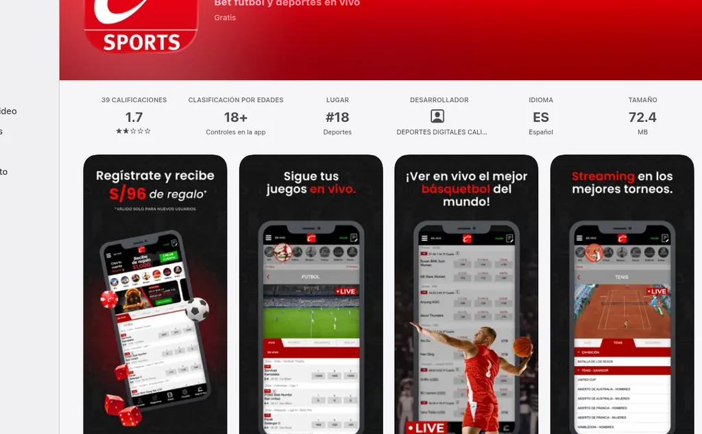App de Caliente en la App Store peruana: 1,7 estrellas sobre 39 calificaciones