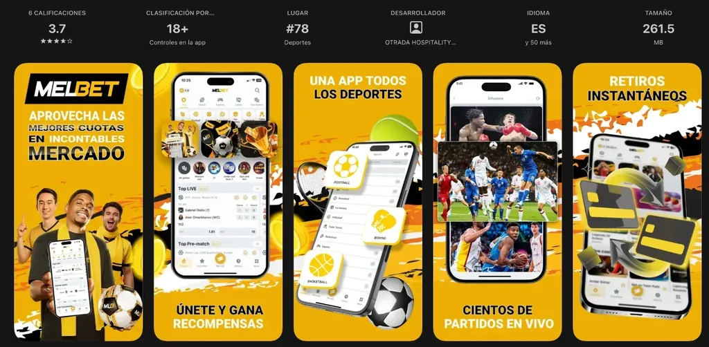 Ficha de la app de Melbet en la App Store peruana: 3,7 estrellas, puesto 78 en Deportes y 261,5 MB