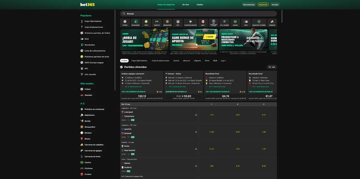 Sección de apuestas deportivas de Bet365 Perú con Liga 1 y promociones