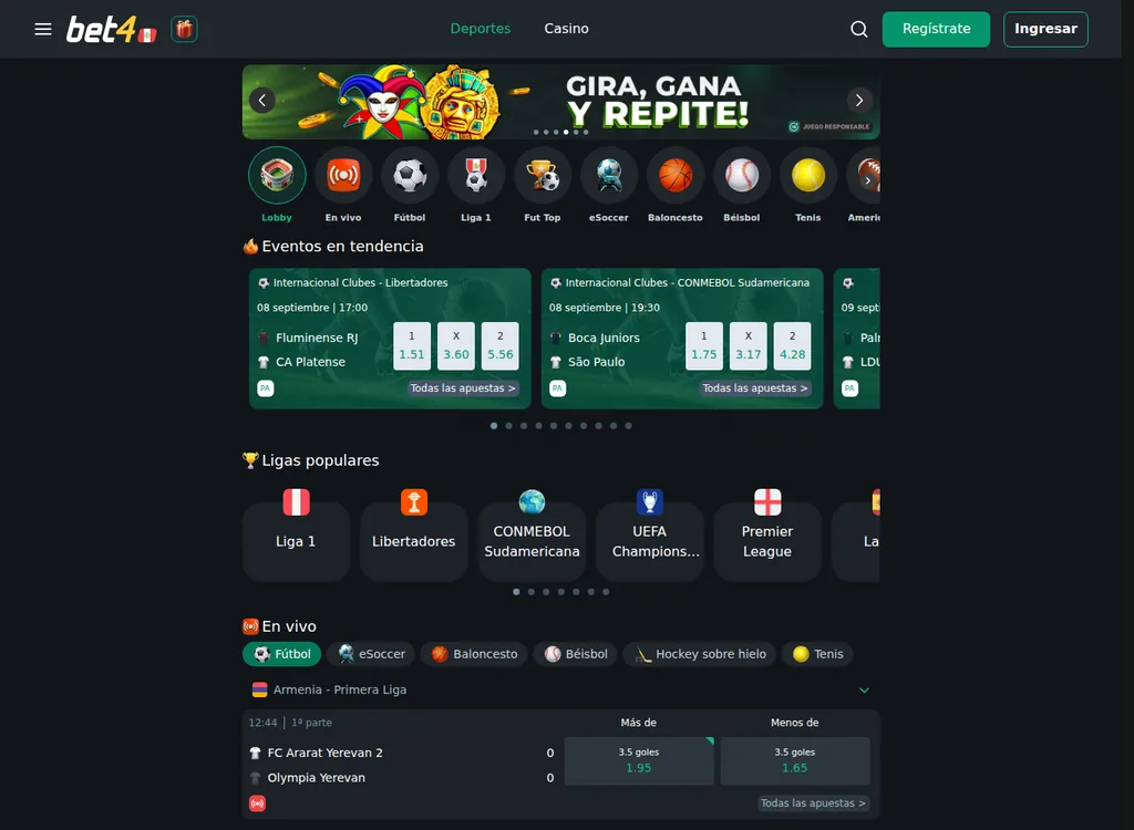 Sección de apuestas deportivas de Bet4 Perú