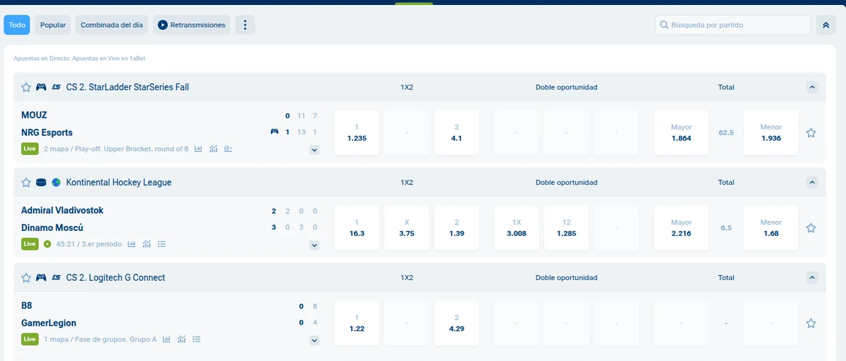 Apuestas en vivo de 1xBet Perú con filtro de retransmisiones y estadísticas