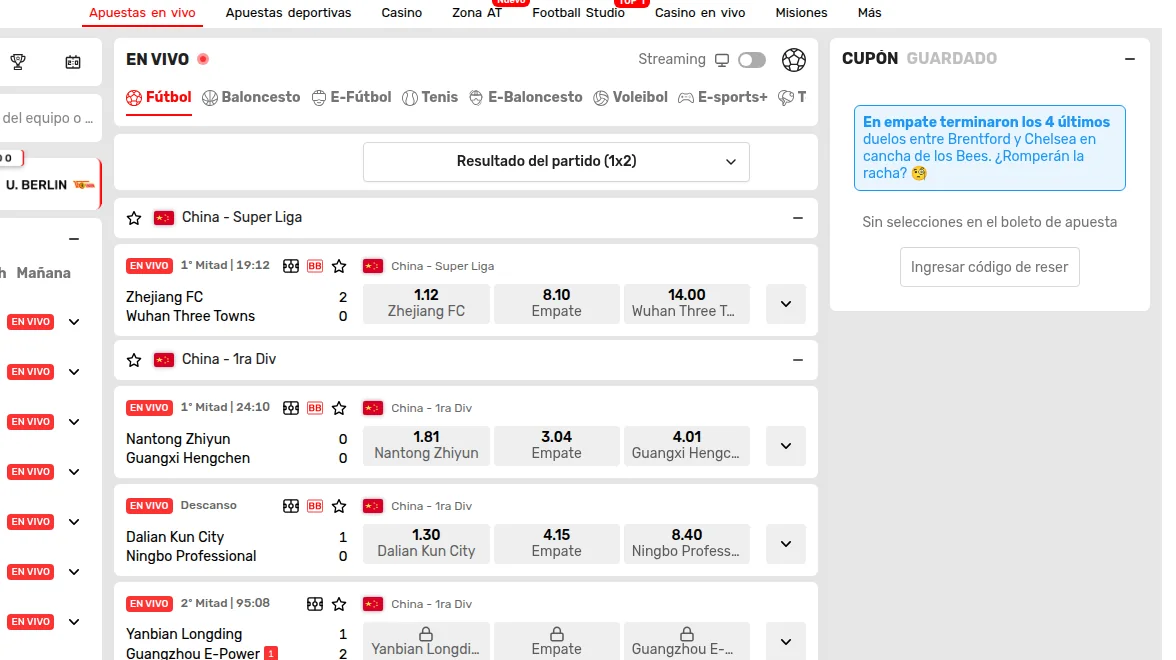 Sección de apuestas en vivo de Apuesta Total con filtro de streaming