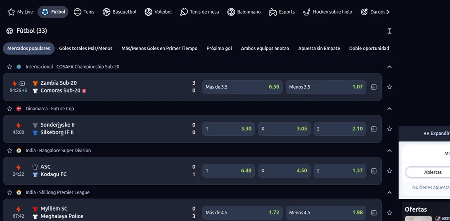Apuestas en vivo de Betano Perú con mercados por partido y estadísticas
