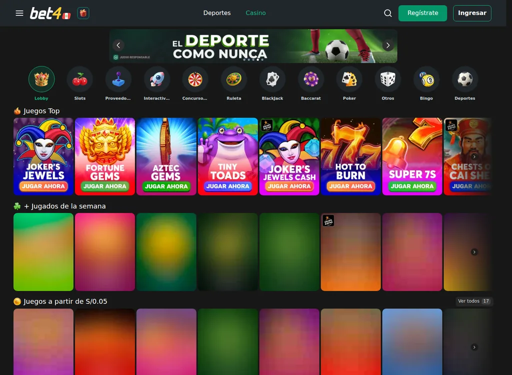 Portada del casino de Bet4 Perú