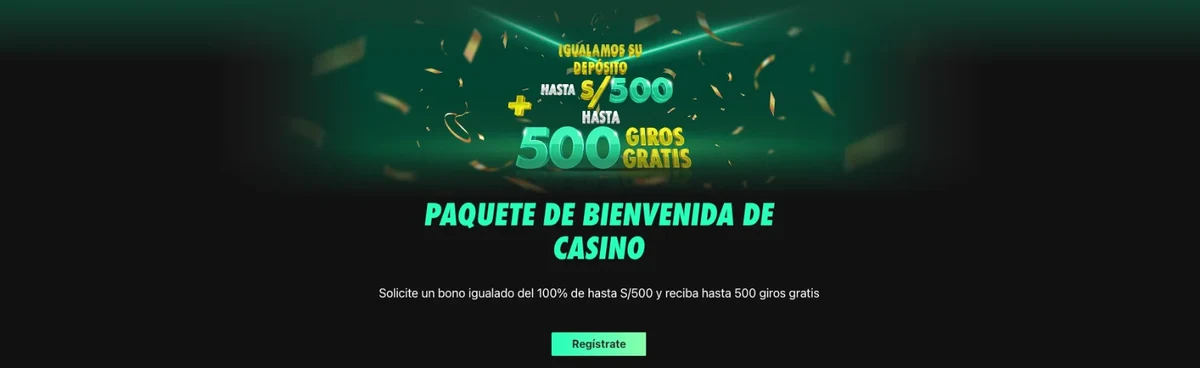 Paquete de bienvenida de casino de Bet365 Perú: 100 % hasta S/ 500 y 500 giros