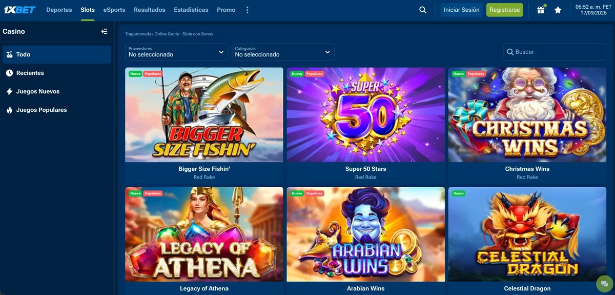Casino de 1xBet Perú: catálogo de slots con filtros de proveedores y categorías