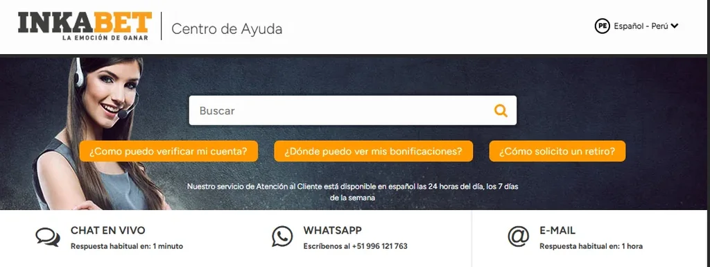 Centro de ayuda de Inkabet con chat en vivo, WhatsApp y correo electrónico