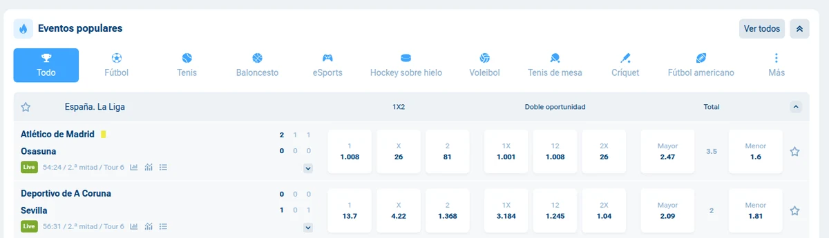 Deportes y mercados de apuestas en 1xBet Perú