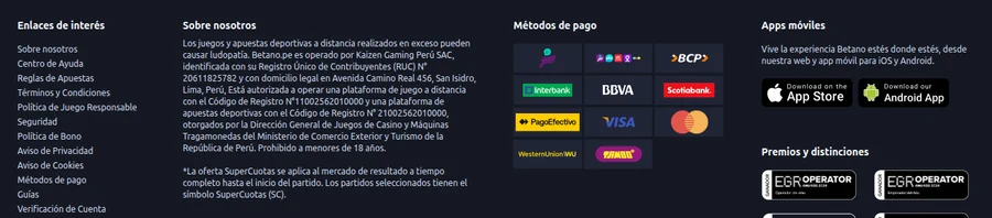 Pie de página de Betano con los códigos de registro del MINCETUR y el RUC de Kaizen Gaming Perú