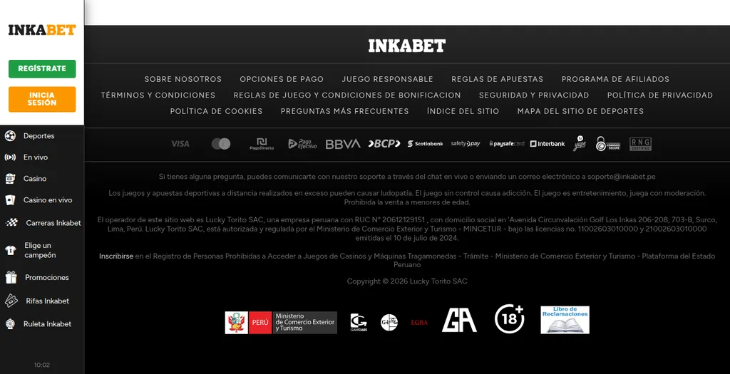 Pie de página de Inkabet con las licencias del MINCETUR y el RUC de Lucky Torito SAC