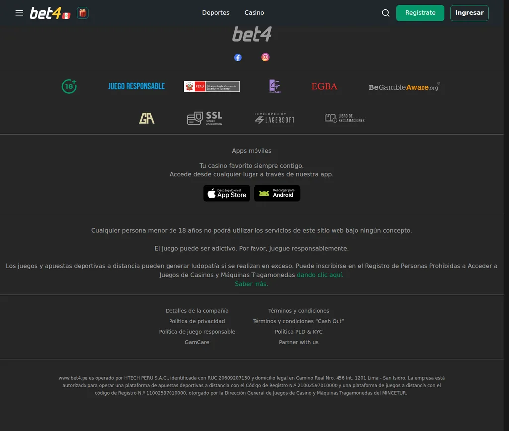 Pie de página de Bet4 Perú con los códigos de registro del MINCETUR