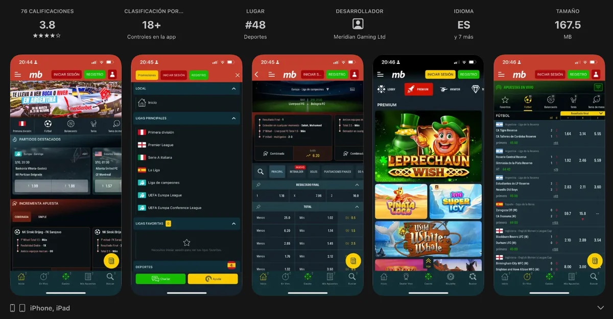Ficha de la app Meridianbet.PE en la App Store: 3,8 estrellas sobre 76 calificaciones, puesto #48 en Deportes y 167,5 MB, con capturas del lobby deportivo, el casino y las apuestas en vivo