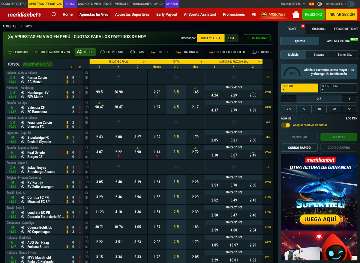 Sección de apuestas en vivo de Meridianbet Perú con las cuotas de los partidos del día