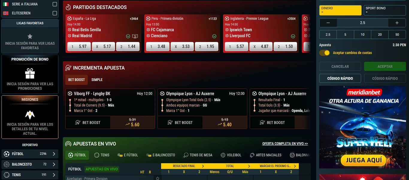 Sección de apuestas en vivo de Meridianbet