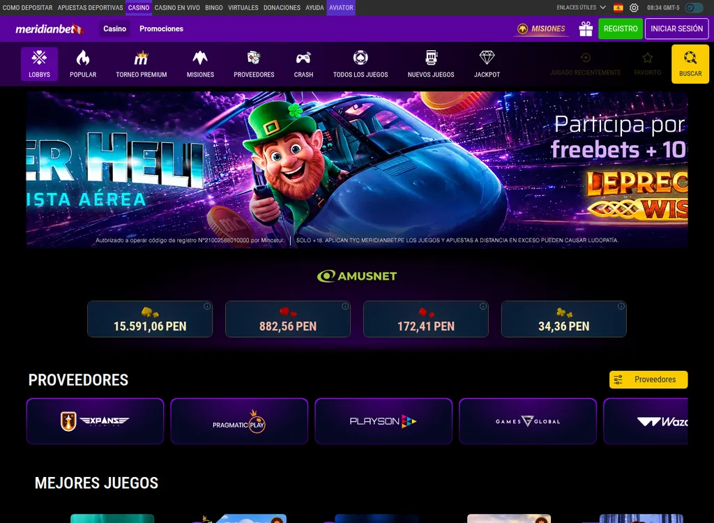 Lobby del casino de Meridianbet Perú con sus proveedores de juegos