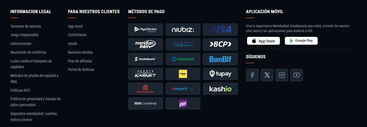 Métodos de pago aceptados en Meridianbet Perú: PagoEfectivo, Niubiz, Visa, MeridianPay, SafetyPay, BCP, Scotiabank, Interbank, BanBif, Agente KASNET, Western Union, tupay, BankTransfer, paysafecard, kashio, BBVA Continental y Yape