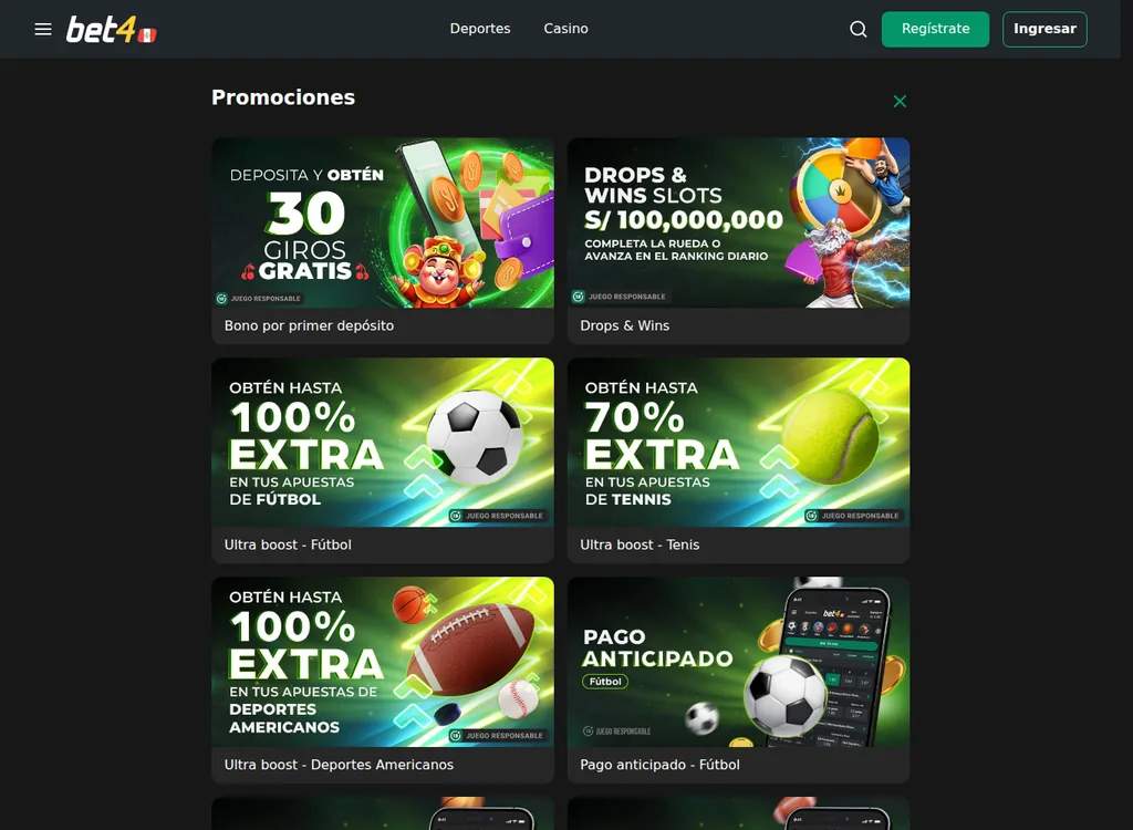 Página de promociones de Bet4 Perú con Ultra Boost y Pago Anticipado