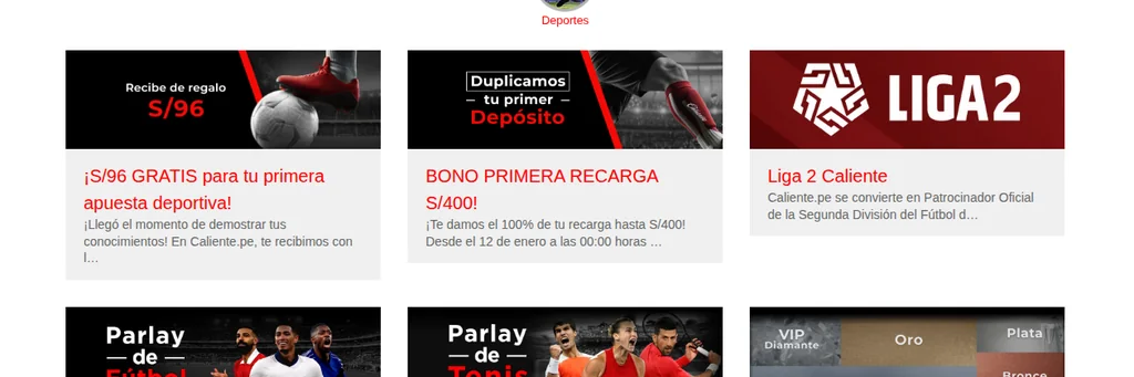 Promociones deportivas de Caliente Perú: bono sin depósito, primera recarga, Liga 2 y parlays