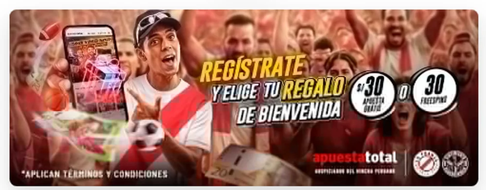Regístrate en Apuesta Total y elige tu regalo de bienvenida: S/ 30 en apuesta gratis o 30 freespins