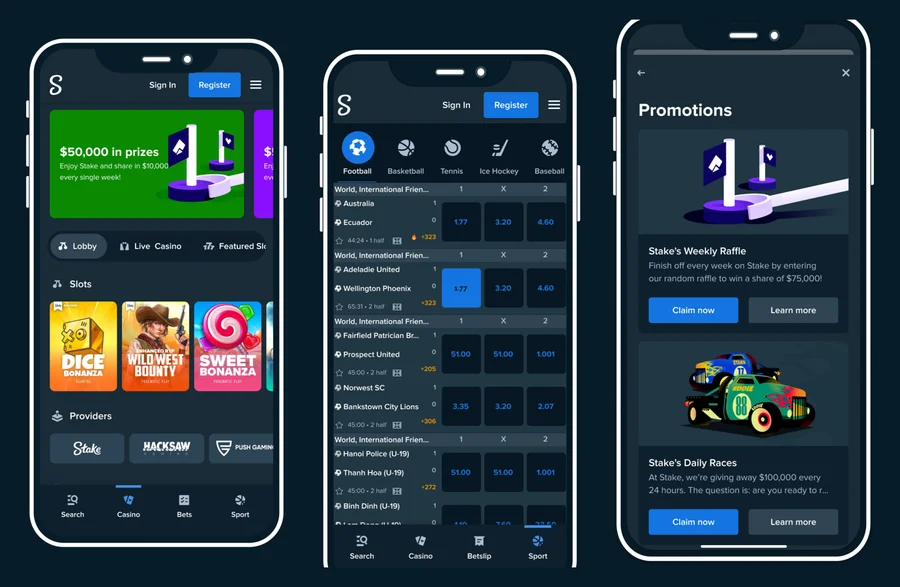 Capturas oficiales de la app Stake Peru en la App Store: casino, deportes y promociones