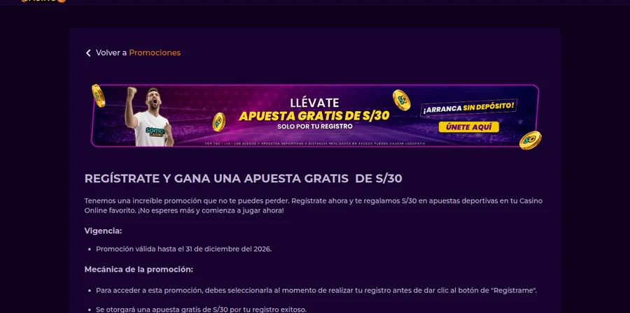 Apuesta gratis de S/ 30 por registro en Somos Casino