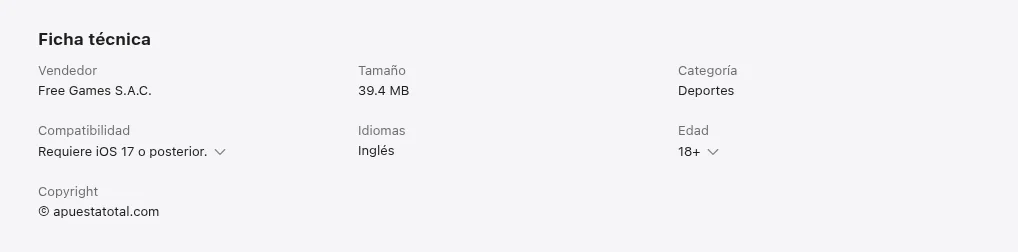 Ficha técnica en la App Store: iOS 17 o posterior y 39,4 MB