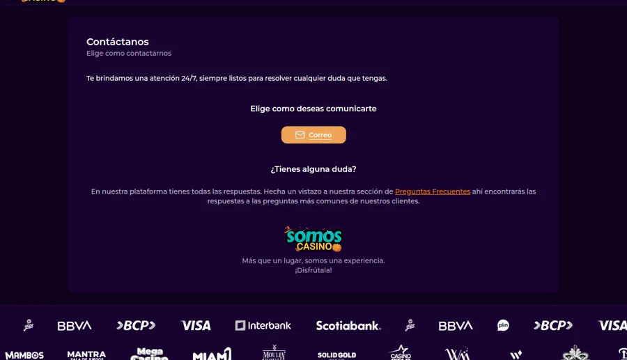 Página de contacto de Somos Casino y métodos de pago aceptados