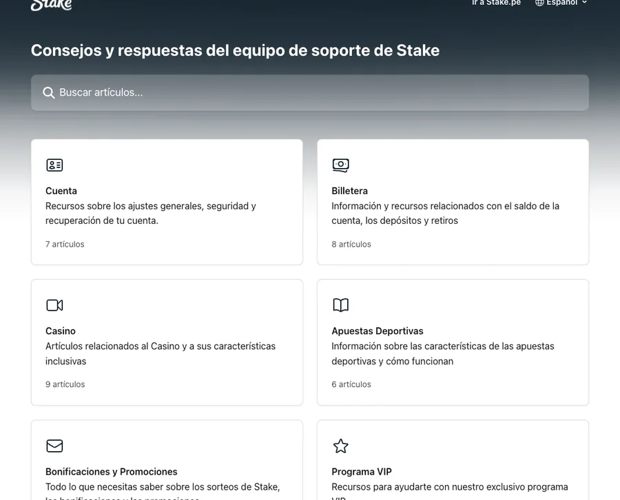 Centro de ayuda de Stake Perú con artículos de cuenta, billetera, casino y apuestas