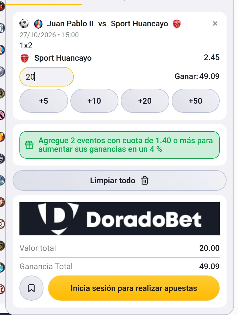 Cupón de apuesta con S/ 20 a cuota 2,45 y la ganancia posible