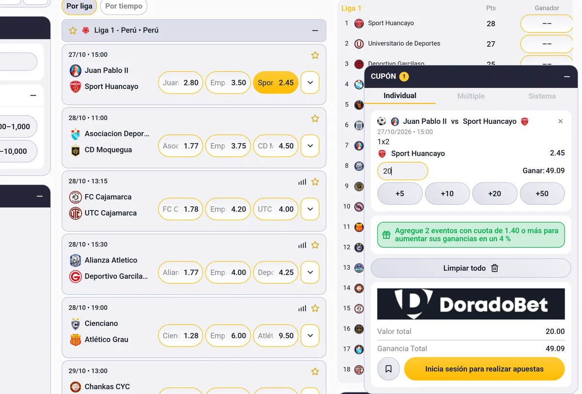 Cómo hacer apuestas deportivas: partido de la Liga 1 añadido al boleto en Doradobet