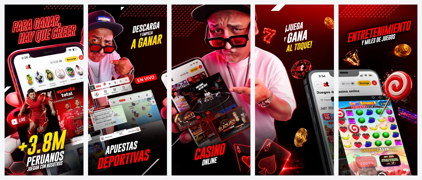 Pantallas de apuestas deportivas, en vivo, casino y slots en el celular