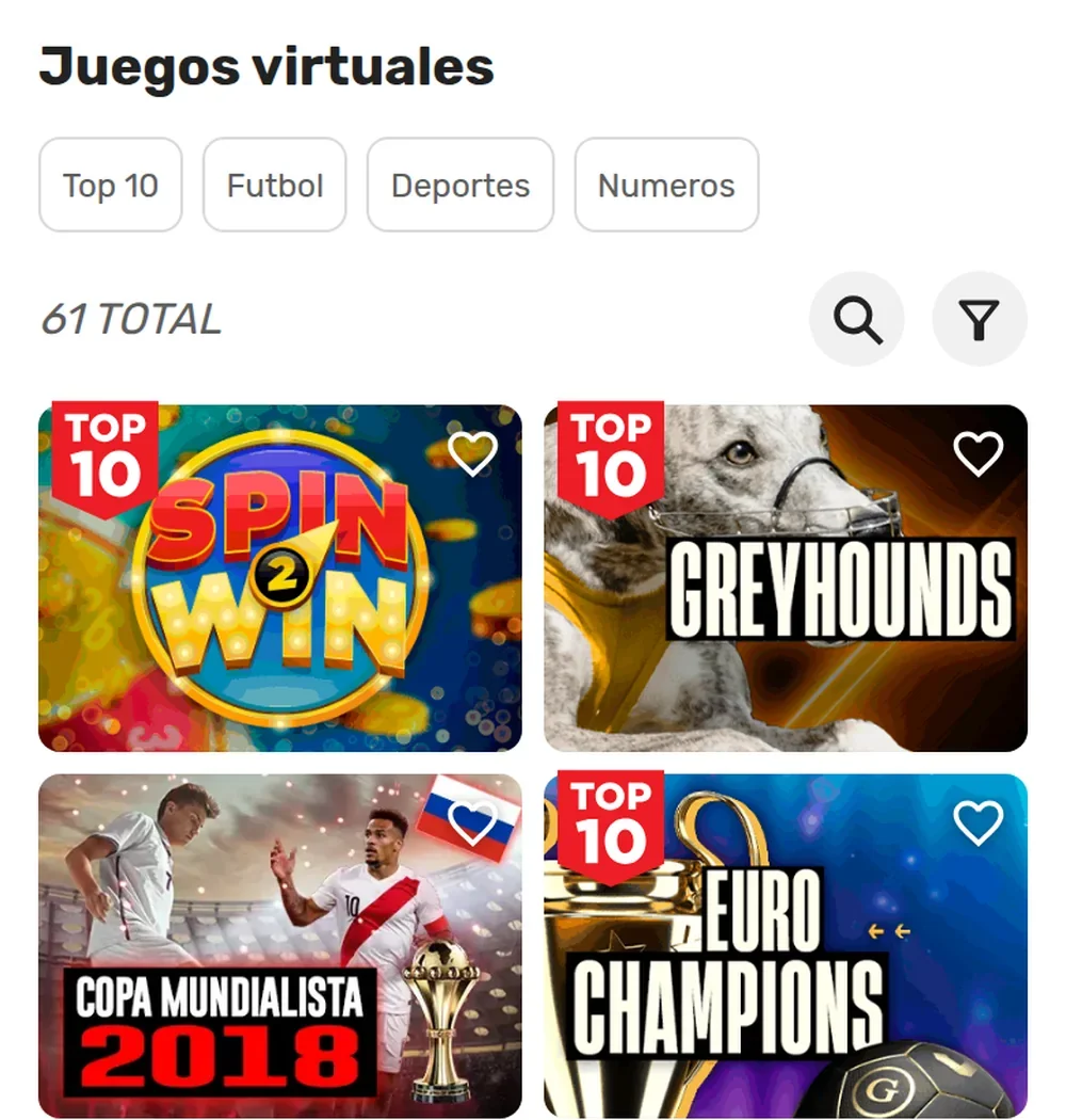 Juegos virtuales de Apuesta Total: 61 títulos, con Spin2Win, Greyhounds y Euro Champions en el Top 10