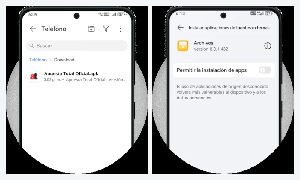 Abrir el instalador y permitir fuentes externas para instalar la APK de Apuesta Total