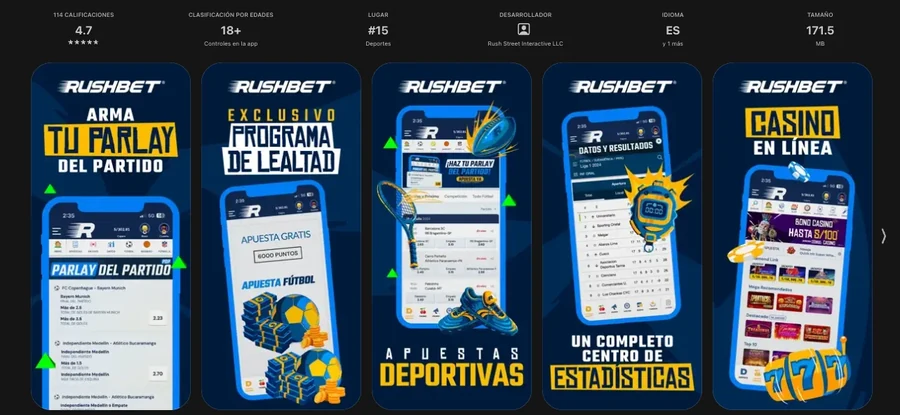 App de RushBet Perú en la App Store con 4,7 estrellas y capturas del Parlay del Partido, la lealtad y el casino