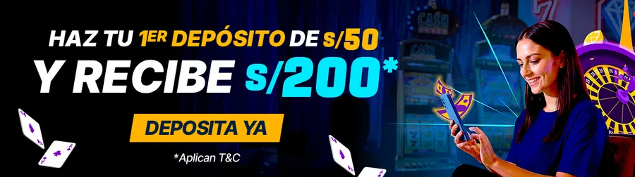 Bono de bienvenida de casino de RushBet: deposita S/ 50 y recibe S/ 200