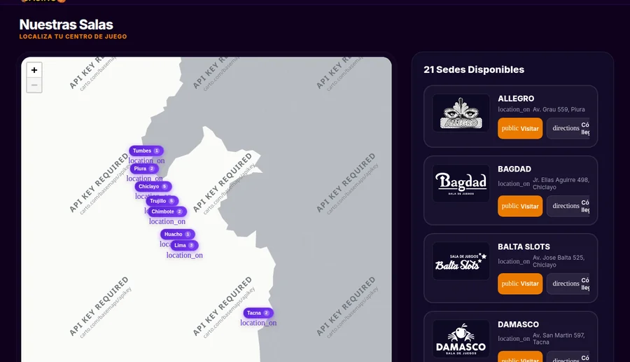 Mapa de las 21 salas físicas de Somos Casino en el Perú